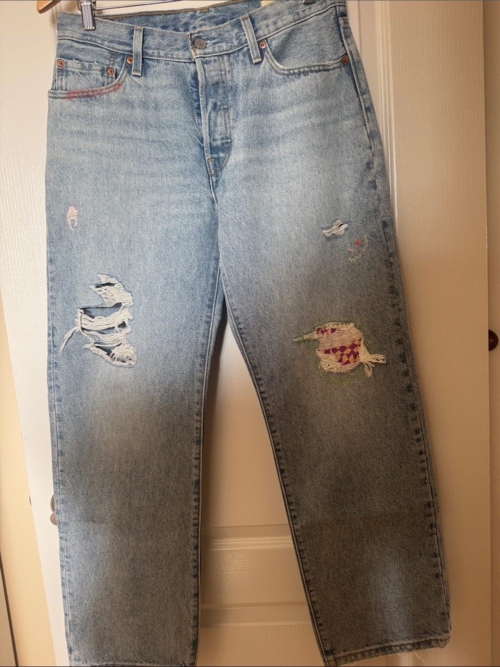 Levi's Light Blue Distressed Boyfriend Jeans with Colorful Patch